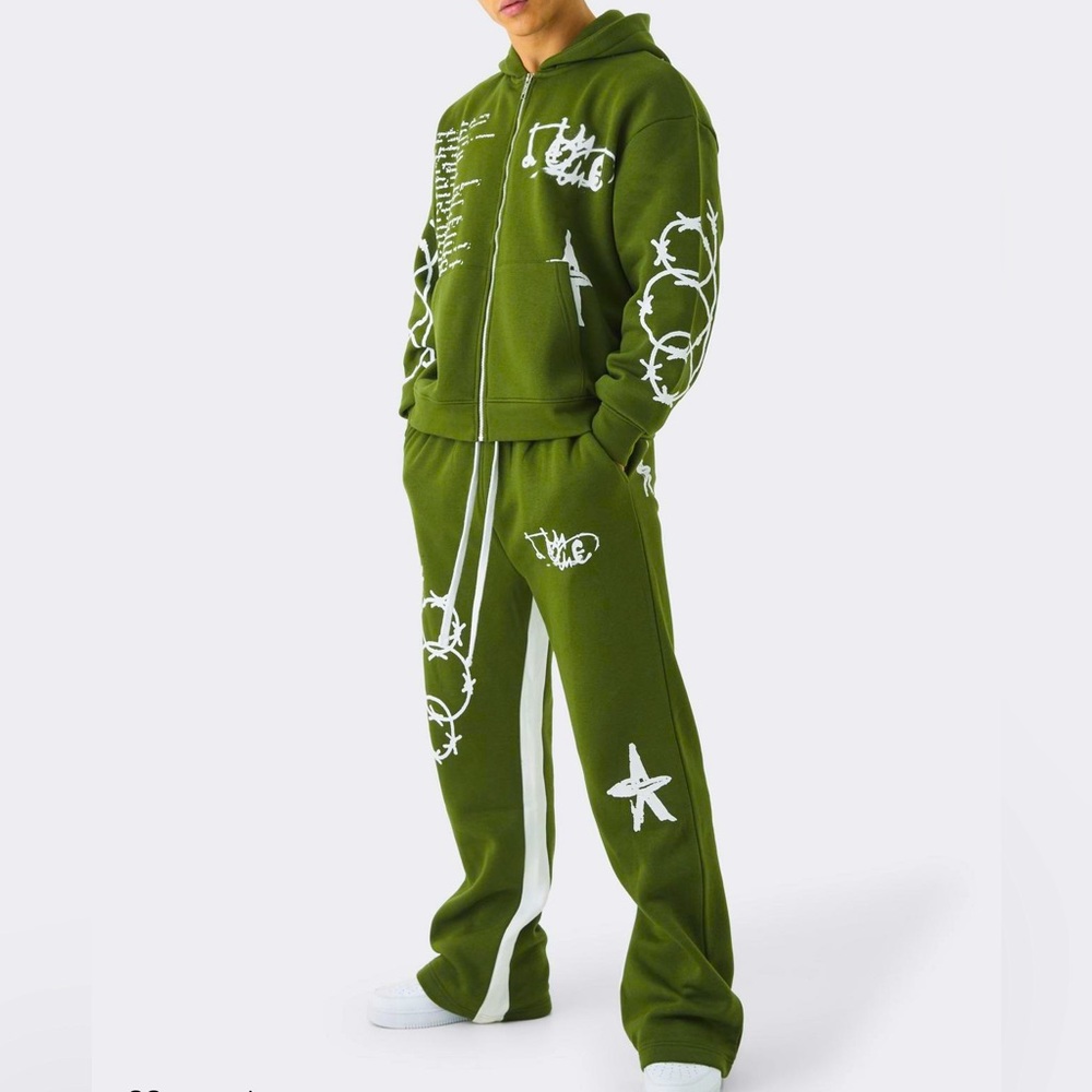 Multi Placement Graffiti Zip Through Gusset Hooded Tracksuit Set